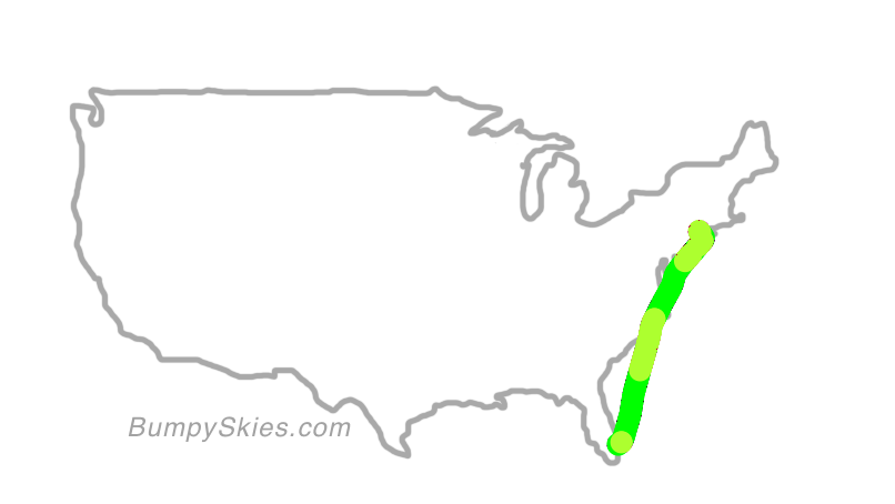 Map of continental US with illustrated flight path and turbulence forecast (described in text below)