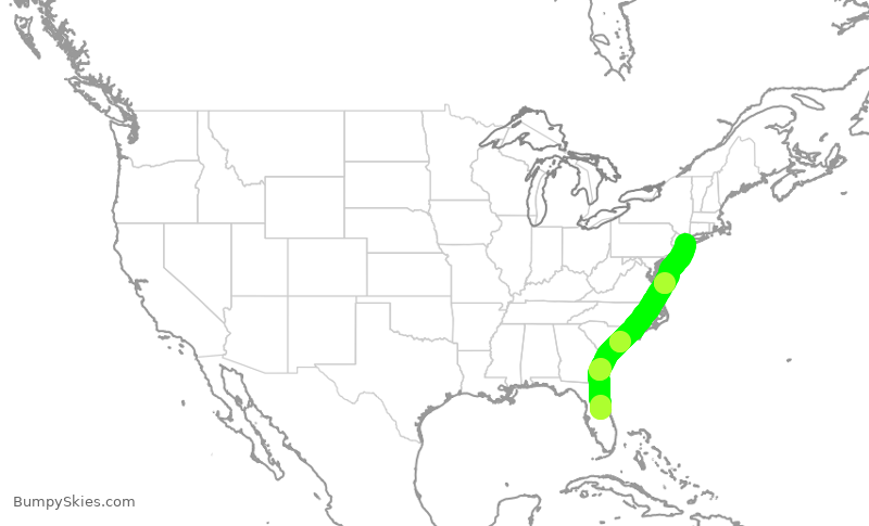 Turbulence forecast map for DAL1654, MCO to JFK