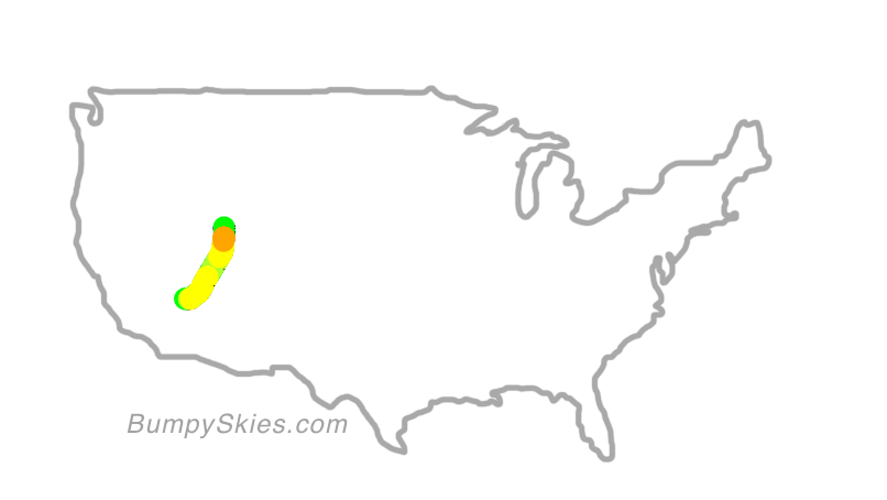 Map of continental US with illustrated flight path and turbulence forecast (described in text below)