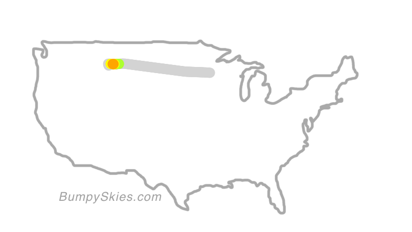 Map of continental US with illustrated flight path and turbulence forecast (described in text below)