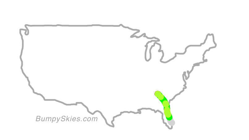 Map of continental US with illustrated flight path and turbulence forecast (described in text below)
