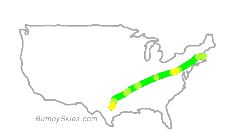 Map of continental US with illustrated flight path and turbulence forecast (described in text below)
