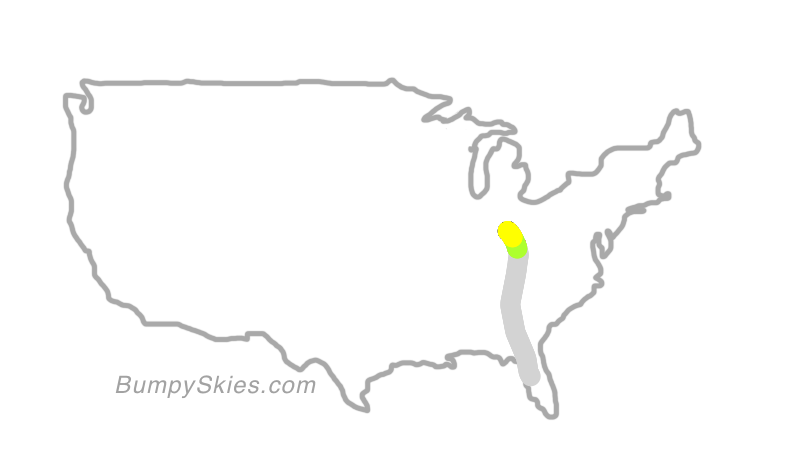 Map of continental US with illustrated flight path and turbulence forecast (described in text below)