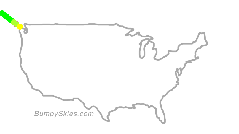 Map of continental US with illustrated flight path and turbulence forecast (described in text below)