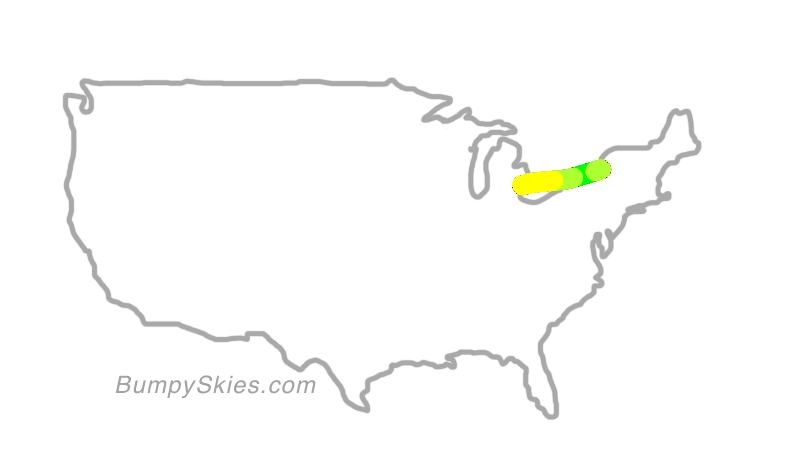 Map of continental US with illustrated flight path and turbulence forecast (described in text below)