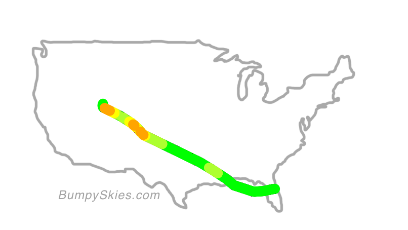 Map of continental US with illustrated flight path and turbulence forecast (described in text below)