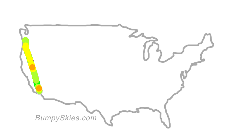 Map of continental US with illustrated flight path and turbulence forecast (described in text below)