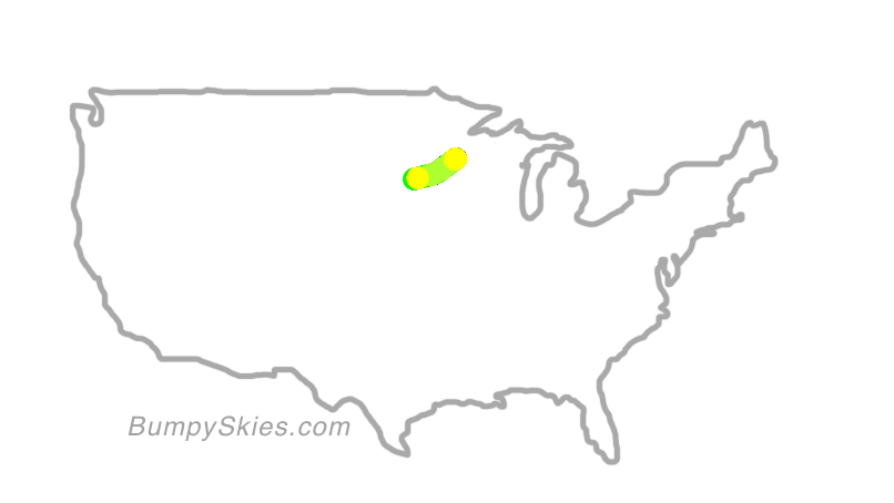 Map of continental US with illustrated flight path and turbulence forecast (described in text below)