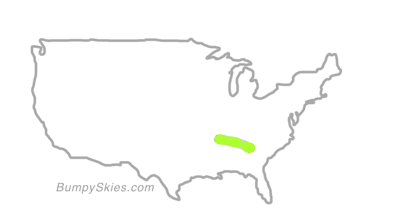 Map of continental US with illustrated flight path and turbulence forecast (described in text below)