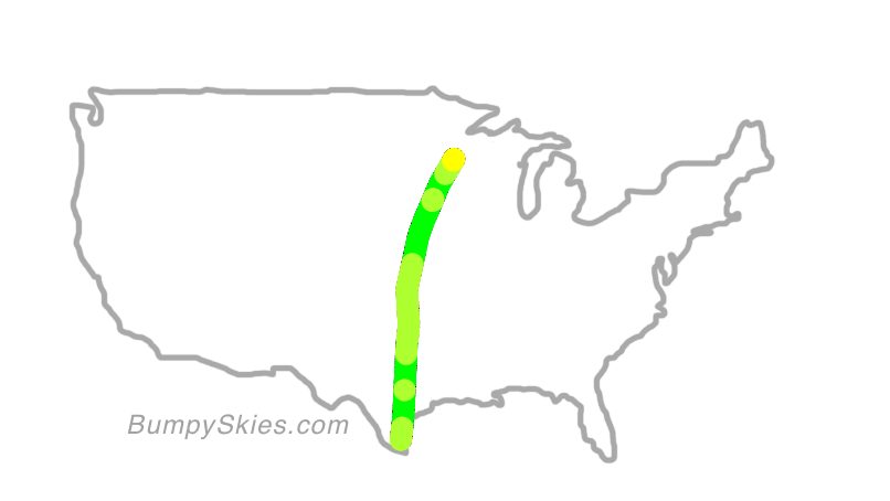Map of continental US with illustrated flight path and turbulence forecast (described in text below)