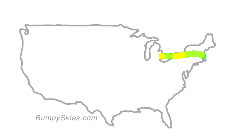 Map of continental US with illustrated flight path and turbulence forecast (described in text below)