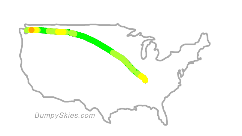 Map of continental US with illustrated flight path and turbulence forecast (described in text below)
