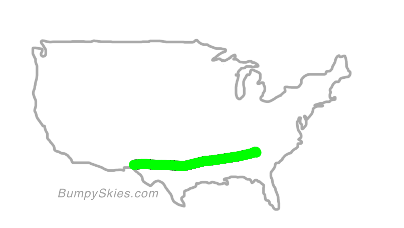 Map of continental US with illustrated flight path and turbulence forecast (described in text below)