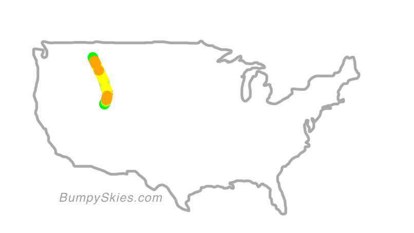 Map of continental US with illustrated flight path and turbulence forecast (described in text below)