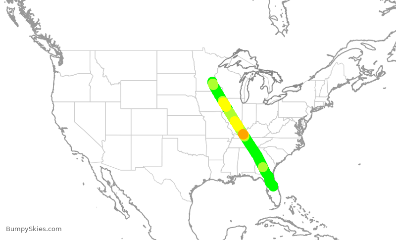 Turbulence forecast map for DAL1730, MSP to MCO