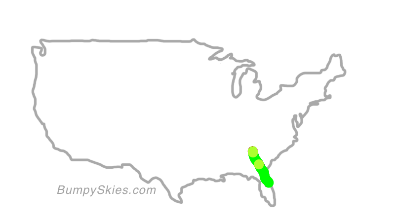Map of continental US with illustrated flight path and turbulence forecast (described in text below)