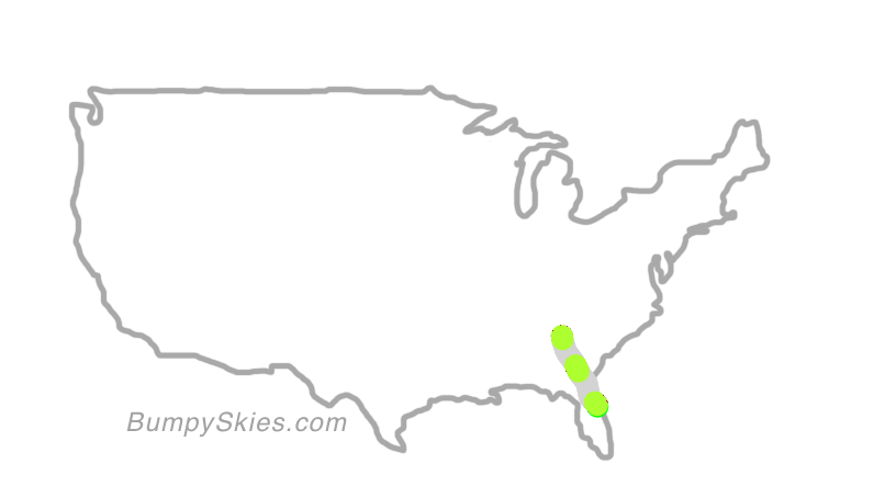 Map of continental US with illustrated flight path and turbulence forecast (described in text below)