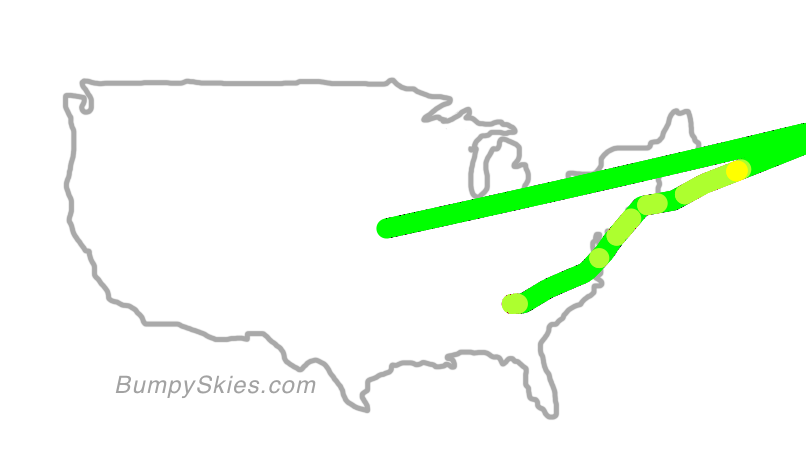Map of continental US with illustrated flight path and turbulence forecast (described in text below)