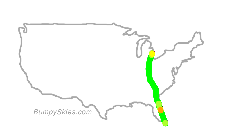 Map of continental US with illustrated flight path and turbulence forecast (described in text below)