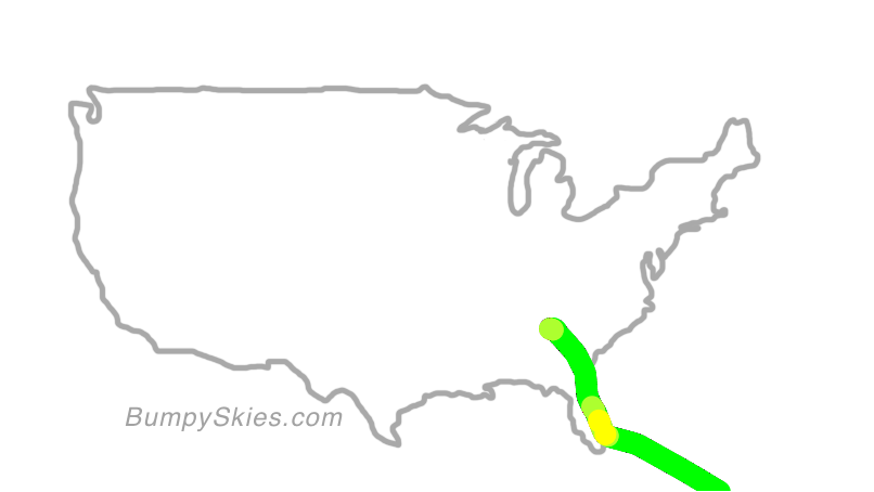 Map of continental US with illustrated flight path and turbulence forecast (described in text below)