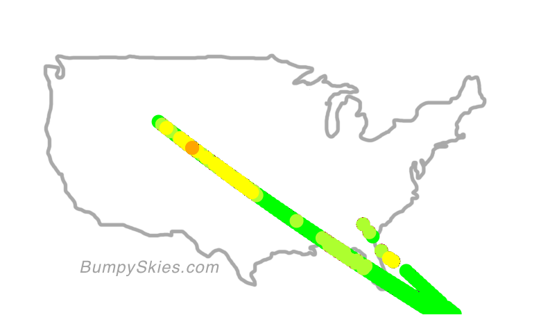 Map of continental US with illustrated flight path and turbulence forecast (described in text below)