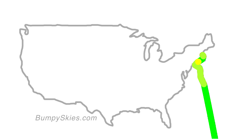 Map of continental US with illustrated flight path and turbulence forecast (described in text below)