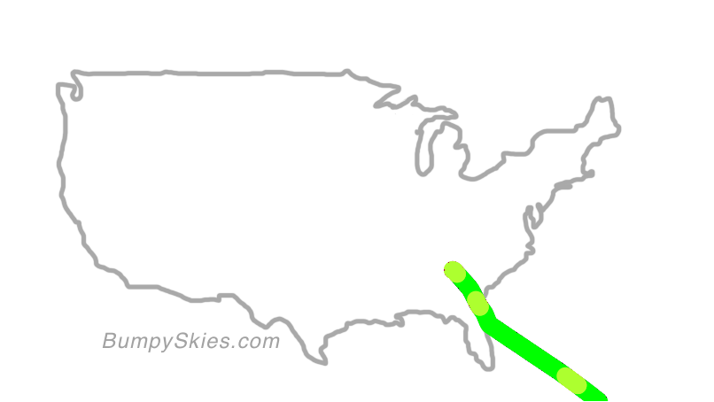 Map of continental US with illustrated flight path and turbulence forecast (described in text below)