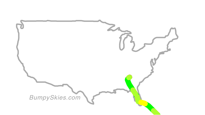 Map of continental US with illustrated flight path and turbulence forecast (described in text below)