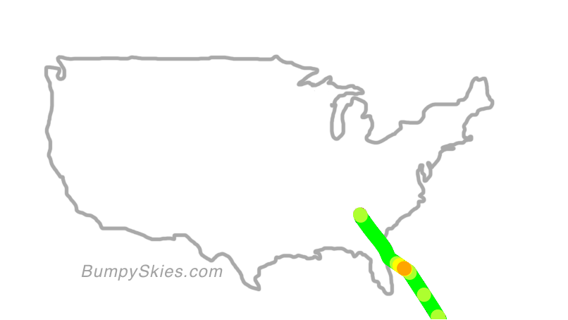 Map of continental US with illustrated flight path and turbulence forecast (described in text below)