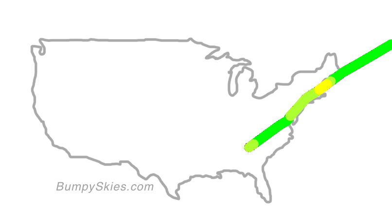 Map of continental US with illustrated flight path and turbulence forecast (described in text below)