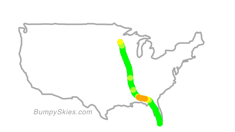 Map of continental US with illustrated flight path and turbulence forecast (described in text below)