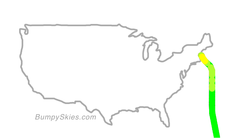 Map of continental US with illustrated flight path and turbulence forecast (described in text below)