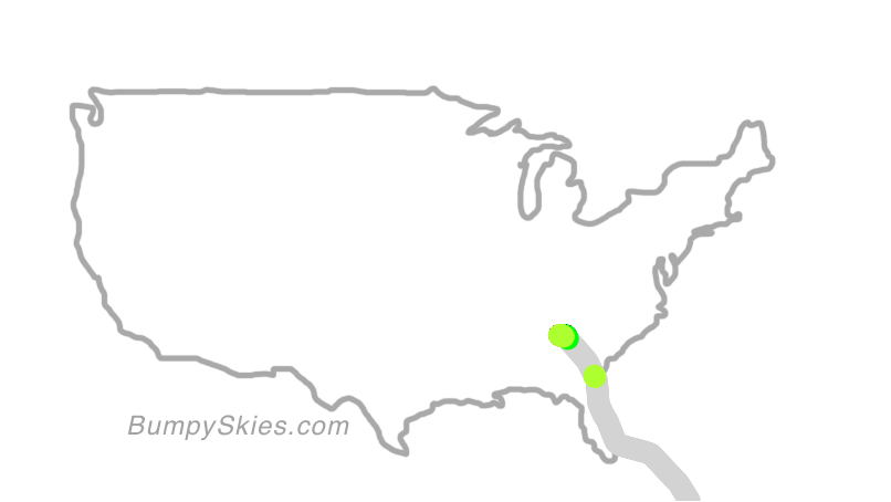 Map of continental US with illustrated flight path and turbulence forecast (described in text below)
