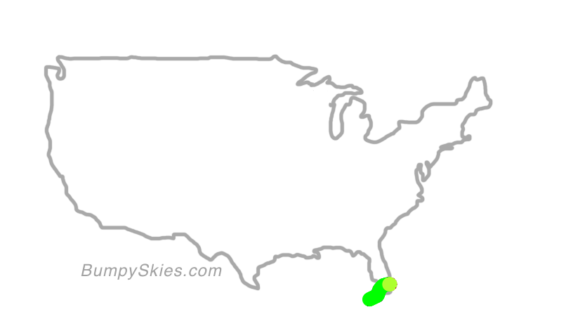 Map of continental US with illustrated flight path and turbulence forecast (described in text below)