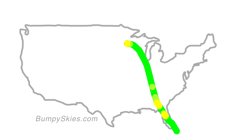 Map of continental US with illustrated flight path and turbulence forecast (described in text below)