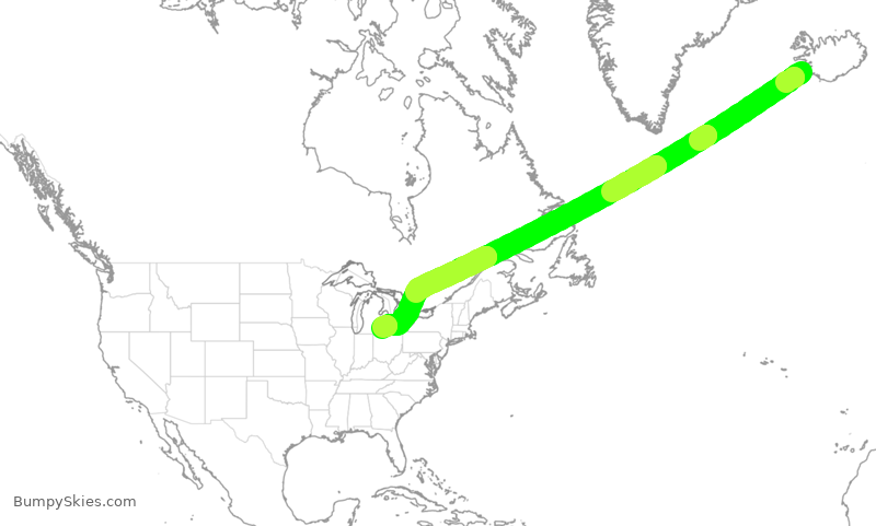 Turbulence forecast map for DAL179, KEF to DTW