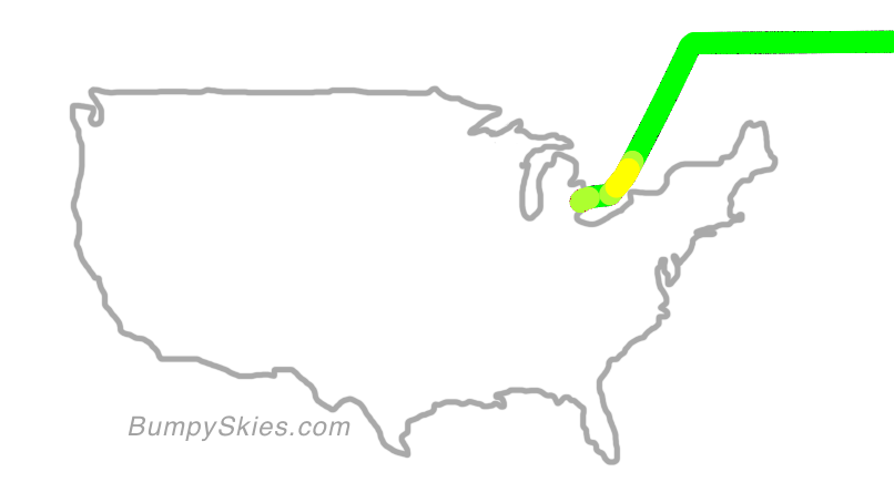 Map of continental US with illustrated flight path and turbulence forecast (described in text below)