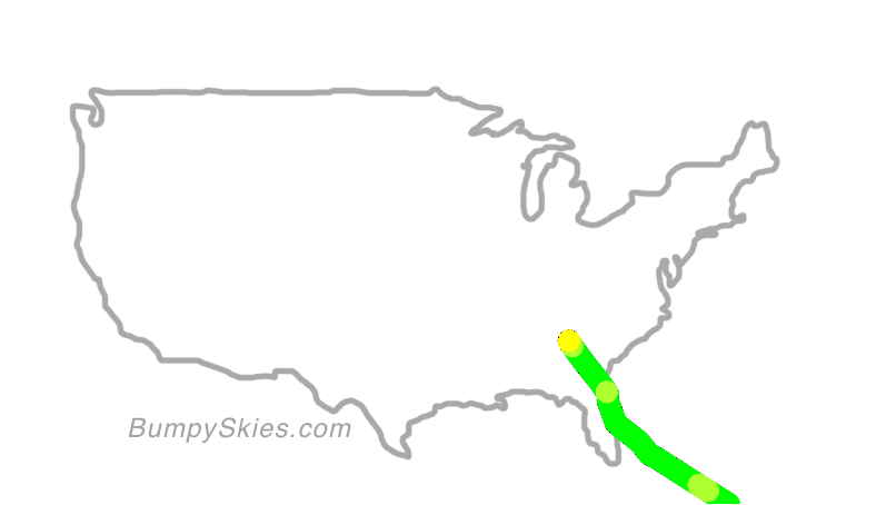 Map of continental US with illustrated flight path and turbulence forecast (described in text below)