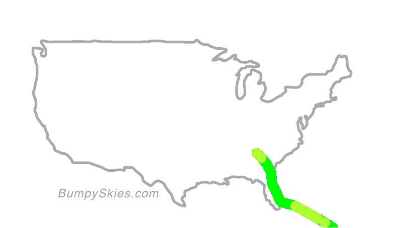 Map of continental US with illustrated flight path and turbulence forecast (described in text below)