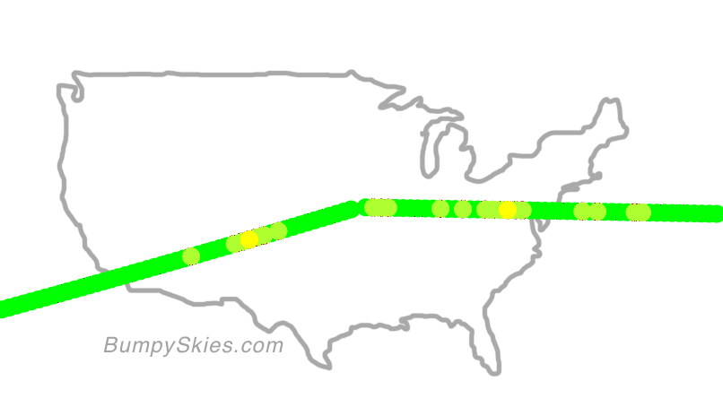 Map of continental US with illustrated flight path and turbulence forecast (described in text below)