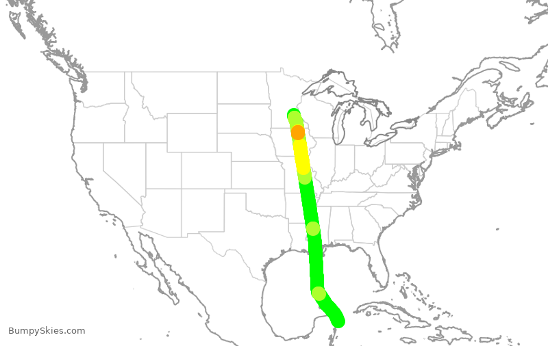 Turbulence forecast map for DAL1811, MSP to MCZ