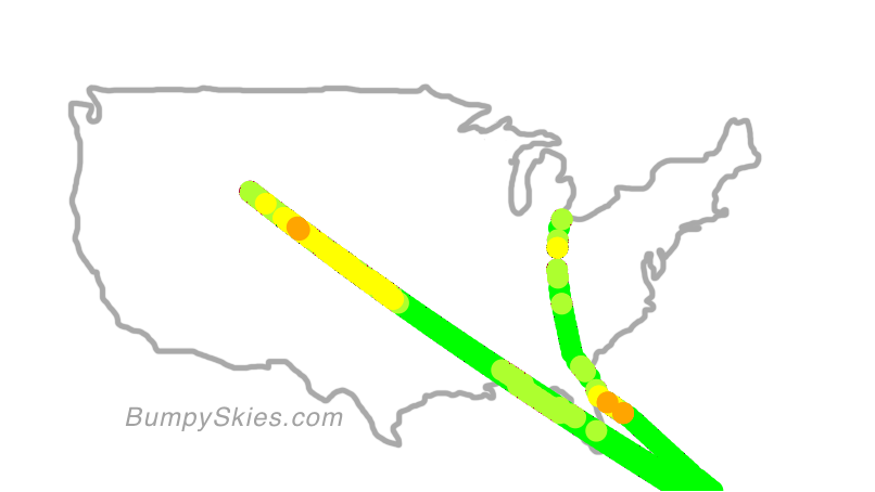 Map of continental US with illustrated flight path and turbulence forecast (described in text below)