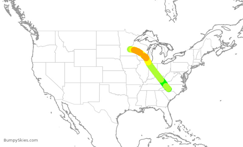 Turbulence forecast map for DAL1827, CLT to MSP