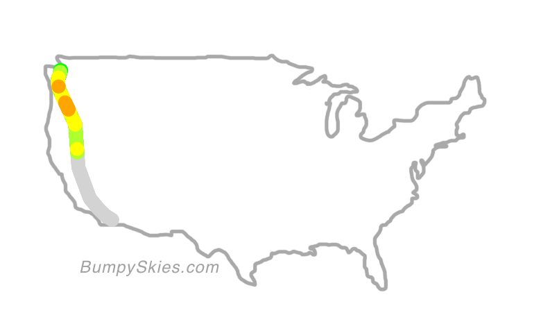 Map of continental US with illustrated flight path and turbulence forecast (described in text below)