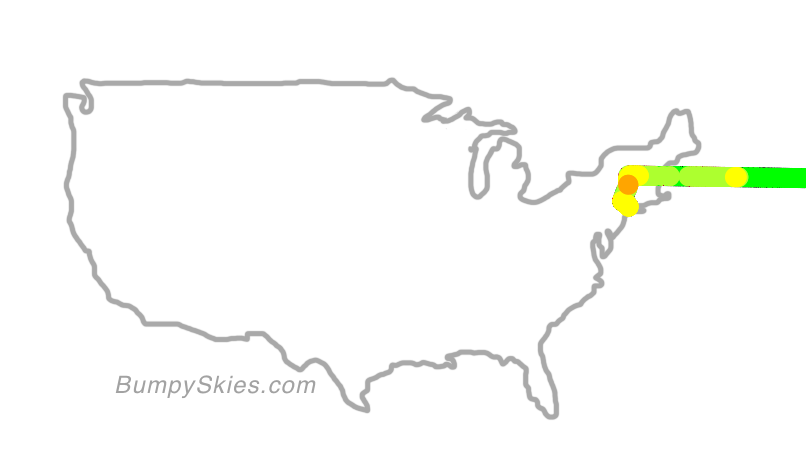 Map of continental US with illustrated flight path and turbulence forecast (described in text below)
