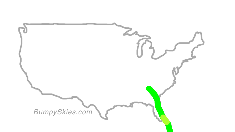 Map of continental US with illustrated flight path and turbulence forecast (described in text below)