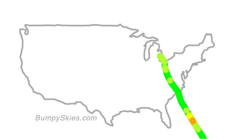 Map of continental US with illustrated flight path and turbulence forecast (described in text below)