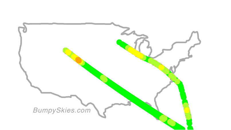 Map of continental US with illustrated flight path and turbulence forecast (described in text below)