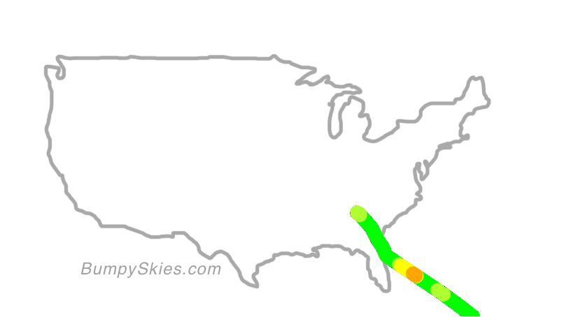 Map of continental US with illustrated flight path and turbulence forecast (described in text below)