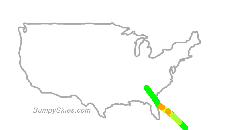 Map of continental US with illustrated flight path and turbulence forecast (described in text below)